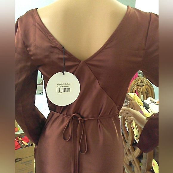 BNWT Princess Polly Brown Sheath Dress W/;Plunge Neckline & Bishop Sleeves SZ. 2 - Picture 7 of 11